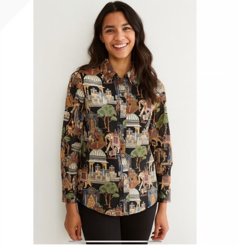 New‎ J McLaughlin LOIS novelty India  Elephant Palace Cotton Button Shirt XS S